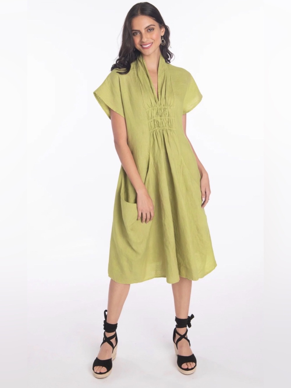 Luna Luz Linen Shawl Collar Dress XL Wild Lime Lagenlook Origami Pocket Boho